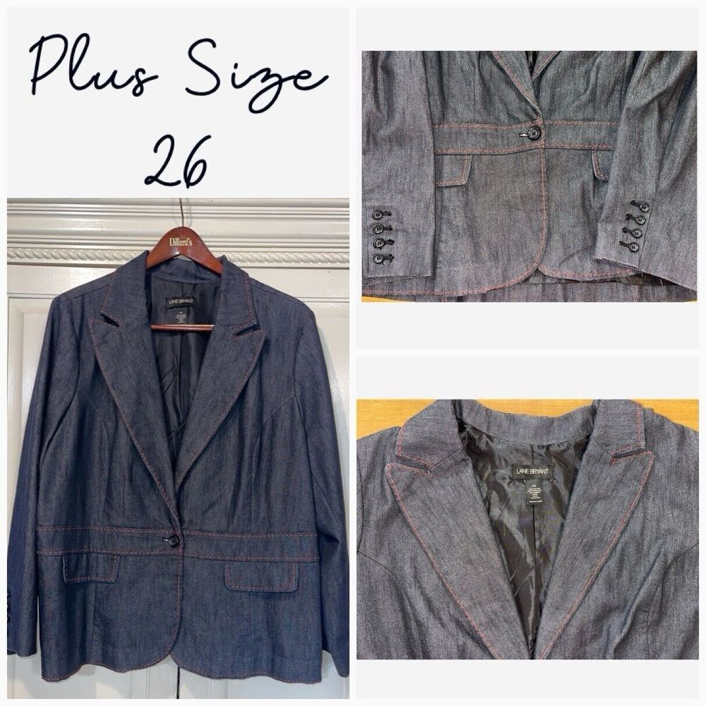 Lane Bryant Blazer Women 26 Dark Chambray Embroidered Red‎ Stitched Peak Lapel